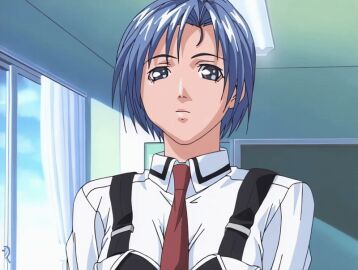 00s 2001 animated bible_black bible_black_night_of_the_walpulgiss blue_eyes blue_hair bowtie classroom female murai_ayumi necktie red_bowtie school short_hair skirt suspenders tagme