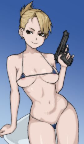 1girls areolae bikini blonde_hair bluesalm0n brown_eyes ear_piercing female female_only fullmetal_alchemist light-skinned_female light_skin pinup_pose pistol riza_hawkeye solo solo_female solo_focus weapon