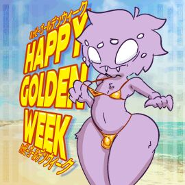 anthro arachnid arthropod ass beach big_ass big_butt bikini bulge clothing colored embarrassed fangs gold_bikini golden_week male multi_eye solo spider swimwear teeth text thick_thighs two-piece_swimsuit underwear websheck websly