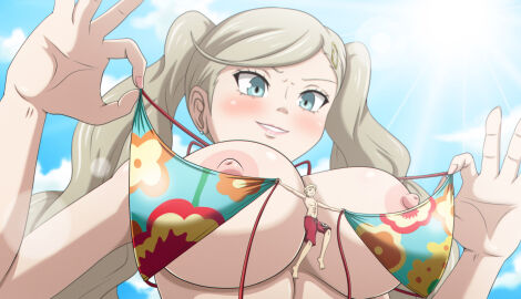 1boy 1girls ann_takamaki atlus big_breasts bikini bikini_top blonde_hair blue_eyes blush breasts commentary female femdom from_below giantess hi_res jenny_secret long_hair looking_down male nipples parted_lips peril persona persona_5 ryuji_sakamoto sky smile sun swimming_trunks teeth twintails undressing upper_body