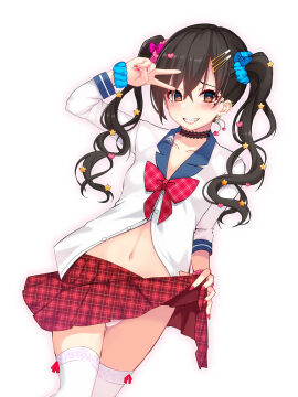 1girls belly_button bimbo bimbofication black_hair bow choker clothed ear_piercing earrings eyeshadow female female_focus hairclip heart heart-shaped_pupils idolmaster idolmaster_cinderella_girls lifted_by_self mole mole_under_eye nail_polish navel okuri_banto painted_nails panties peace_sign piercing ribbon scrunchie sharp_teeth simple_background skirt skirt_lift skirt_up solo solo_focus sunazuka_akira thighhighs thighs twintails underwear v white_panties yellow_eyes