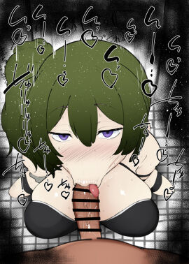 1boy 1girls :>= bare_shoulders big_breasts big_penis blowjob blush breasts censored dark-skinned_male dark_skin detailed_background drooling eyelashes fellatio female footwear green_hair heart human indoor indoors kurotama legwear looking_at_viewer male male_pov oral oral_sex penis ponytail pov purple_eyes saliva shiny shiny_skin short_hair sketch sound_effects sousou_no_frieren squatting stockings text tied_hair tongue tongue_out twintails ubel_(sousou_no_frieren) vein veins veiny veiny_penis