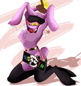 1boy ball_gag black_blindfold black_legwear black_stockings blindfold blindfolded blush bondage bunny censor_bar color colored furry garter_belt glitch_productions hands_tied jax_(the_amazing_digital_circus) male mouth_gag purple_fur rabbit rabbit_ears rabbit_humanoid rabbit_tail rope rope_bondage saliva saliva_drip saliva_string saliva_trail salivating solo_male the_amazing_digital_circus thigh_highs tied_up twitter_link yellow_teeth
