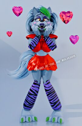 1girls 3d anthro aroused_female big_breasts breasts coolioart ear_piercing excited_female female five_nights_at_freddy's five_nights_at_freddy's:_security_breach furry furry_female green_hair grey_body grey_hair hearts in_heat in_love lordwolf lustful_expression purple_eyeshadow purple_lipstick red_skirt red_topwear roxanne_wolf_(coolioart) roxanne_wolf_(fnaf) scottgames smile solo steel_wool_studios wolf_girl yellow_eyes