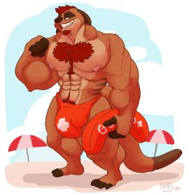 2020 4_fingers 4_toes abs absurd_res anthro anthrofied areola back_stripes balls_outline barazoku beach beard biceps big_bulge big_muscles big_pecs biped body_hair brown_body brown_ears brown_fur brown_nose brown_stripes bulge chest_hair clothed clothed_anthro clothed_male clothing cloud countershade_face countershade_fur countershade_neck countershade_torso countershading day deltoids detailed_background detailed_bulge digital_drawing_(artwork) digital_media_(artwork) dipstick_tail disney facial_hair feet fingerless_(marking) fingers fist full-length_portrait fur genital_outline grin grinning_at_viewer hair happy_trail herpestid hi_res huge_bulge huge_muscles humanoid_hands lifeguard looking_at_viewer male male_anthro mammal manly markings maxpany meerkat multicolored_body multicolored_fur muscular muscular_anthro muscular_arms muscular_male narrowed_eyes nipples outside pecs penis_outline pink_areola pink_nipples plantigrade portrait pubes red_beard red_body_hair red_clothing red_facial_hair red_hair red_pubes red_speedo red_swimwear sand shaded signature sky smile smiling_at_viewer solo speedo speedo_only standing striped_back striped_body striped_fur stripes sunshade swimwear tail tail_markings tan_body tan_countershading tan_fur the_lion_king timon toeless_(marking) toes topless topless_anthro topless_male trapezius triceps