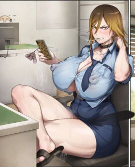 1boy 1girls after_sex angry_face annoyed annoyed_expression ass barely_contained_breasts big_ass big_breasts big_butt big_thighs blonde_hair breasts brown_hair button_down_shirt comic_panel couple crossed_legs cum_on_desk cum_on_ground cum_under_clothes digimon digimon_story digimon_story:_cyber_sleuth duo erect_nipples female female_boss huge_breasts kunaboto makiko_date male massive_breasts nipples no_bra no_panties no_text_version on_phone one_button_done original_character police_uniform policewoman sandals sitting skirt smoking thick_thighs tie tight_clothing tsundere ugly_pig_(digimon_story:_cyber_sleuth) venus_body
