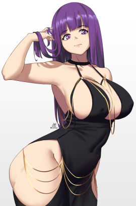 1girls alternate_costume bl/ess black_dress breasts busty cleavage clothes_lift cosplay covering_navel dress female fern_(sousou_no_frieren) fit fit_female hands_in_hair highres hip_vent in_the_dress_(meme) large_breasts light-skinned_female light_skin long_hair meme meme_attire modakawa_dress open_clothes open_dress pelvic_curtain pelvic_curtain_lift purple_eyes purple_hair sleeveless sleeveless_dress slim_waist solo sousou_no_frieren thick_thighs voluptuous wide_hips