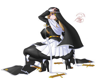 blonde_hair blue_eyes boots breasts cross female hand_up high_heel_boots high_heels large_breasts long_hair nun original pantyhose squatting turning_head 谢拉卡姗娜_(stellar_xiela)