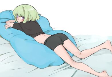 1boy androgynous ass ass_focus aus_vaka blush blushing_at_viewer bulge bulge_through_clothing embarrassed femboy femboy_only lio_fotia looking_at_viewer petite petite_body petite_male promare shorts slim slim_male slim_waist solo tight_clothing tight_shorts twink