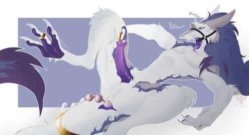 absurd_res anal anal_beads anal_sex animal_genitalia animal_penis anthro ass big_butt blue_body blue_fur bondage claws equine_genitalia equine_penis eye_roll eyelashes feet full-length_portrait fur gag genitals gold_(metal) gold_jewelry hi_res jewelry kinktober kinktober_2025 lidded_eyes long_claws long_mane long_tail male moan muscular nenhae object_in_ass pawpads paws penetration penis portrait purple_eyes purple_penis ring_gag sergal sex_toy sex_toy_in_ass sex_toy_insertion shaded simple_background solo solo_focus sounding_rod speech_bubble tail toes tongue tongue_out verlo_streams white_body white_fur