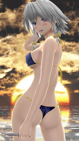 1girls 2023 3d ass ass_crack bikini blue_bikini blush breasts butt_crack clouds embodiment_of_scarlet_devil female hati_yukkuri_mmd heterochromia hips holding_weapon human knife looking_at_viewer looking_back mmd outdoors rear_view sakuya_izayoi sea short-haired_female sideboob sky solo_female solo_focus sunset swimsuit touhou water weapon white-haired_female yellow_bowtie