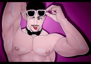 10s 1boy 2017 bara black_hair glasses_on_head kensuke_(yhs8) light_skin male male_only muscular nipples no_visible_genitalia original saliva solo tagme tongue tongue_out yaoi