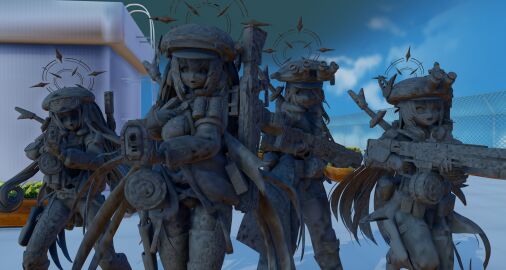 3d 3girls bra breasts cleavage female hat large_breasts medium_breasts nipples original original_character petrification petrified ripsaw72a3 statue sword thighhighs thighs