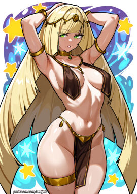 1girls ancient_egyptian_clothes areolae armlet armpits arms_up beach blonde-haired_female blonde_hair bracelet breasts circlet cleavage cowboy_shot dancer feet female female_only game_freak gold_armlet gold_bracelet gold_thighlet green_eyes holding_object jewelry long_hair looking_at_viewer lusamine_(pokemon) mature mature_female medium_breasts milf mother naked navel neck_ring nintendo nipples nude nude_female parted_lips pelvic_curtain pokemon pokemon_sm pussy redjet smile solo solo_female solo_focus stomach thick_thighs thighlet thighs very_long_hair