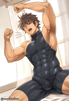 1boy abs armpits arms_up ass_visible_through_thighs balls balls_under_clothes bandaid bandaid_on_nose bed bedroom beefy biceps big_breasts big_bulge bodysuit breasts brown_eyes brown_hair bulge bulge_through_clothing clenched_hand curtains dutch_angle ebitendon eight_pack erection erection_under_clothes gay genital_outline hi_res hunk male male_only mature_male morning morning_erection morning_wood muscles muscular muscular_arms muscular_chest muscular_legs muscular_male muscular_thighs navel one_eye_closed oppai original original_character pecs quadriceps shaved_armpit short_hair sitting six_pack sleeveless spiky_hair spread_legs tight_clothing torakitchen torakitchen_(ebitendon) tough_guy triceps turtleneck waking_up window yaoi yawn