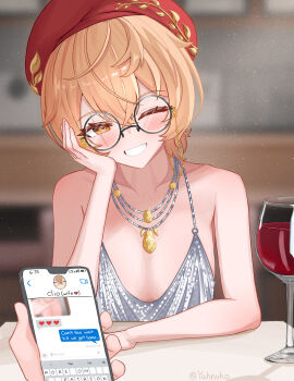 1boy 1girls beret blush breasts brown_eyes brown_hair clio_aite date dress drinking_glass eyebrows_visible_through_hair female glass glasses hat holding_phone indoors inviting light-skinned_female light-skinned_male light_skin male male_pov necklaces one_eye_closed phase_connect phase_invaders_quest phone pov seductive small_breasts smartphone sparkling_dress texting virtual_youtuber wholesome wife wife_and_husband wine wine_glass wink winking_at_viewer yahnuko