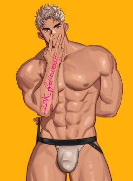 1boy bara bare_pectorals gay gay_male jockstrap large_pectorals male male_focus male_only muscular muscular_male original original_character pectorals short_hair thick_eyebrows white_hair yaoi youchi123