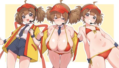 alternate_breast_size big_breasts big_eyes big_head bikini breasts double_cheese_(mcdonald's) female huge_breasts imadake_dabuchi_tabemi kamidan large_breasts looking_at_viewer mcdonald's no_artist_signature no_nostrils questionable_age shorts small_nose smile tagme thin_arms thin_thighs twintails uniform very_small_nose work_uniform