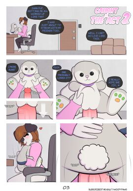 2025 anthro big_bulge big_glans big_penis blue_eyes brown_hair bulge canid canine canis chair circumcised clothing colored comic comic_panel desk dialogue digital_drawing_(artwork) digital_media_(artwork) domestic_dog english_text fantasizing femboy furniture garage genitals glans grinding hair heart_symbol hi_res humping husky leggings legwear male mammal masturbation nordic_sled_dog office_chair on_chair penetration penile penile_penetration penis pink_clothing pink_eyes pink_shirt pink_topwear plushie plushie_humping plushophilia prodding rabbit_plushie shirt siberian_husky simple_background sitting sitting_on_chair solo speech_bubble spitz standing table tail text title topwear vein veiny_penis woofy_(woofyrainshadow) woofyrainshadow