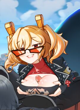 1boy 1girls absurdres big_breasts black_jacket blonde_hair breasts burnice_white cum cum_on_breasts erection female fingerless_gloves jacket looking_at_viewer outdoors paizuri penis pr_snail_pr red_eyes smile straight strapless sunglasses sunglasses_on_head tubetop twintails wise_(zenless_zone_zero) zenless_zone_zero