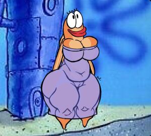 1girls anthro big_breasts big_thighs bikini_bottom blue_background boob_window breasts chubby_belly clothing dress eyelashes female female_only fish fish_woman incidental_49_(spongebob) large_breasts large_thighs lips lipstick looking_up marine mature mature_anthro mature_female monstorlilly nickelodeon norma_rechid orange_body purple_dress pussy pussy_visible_through_clothes red_lips red_lipstick smiling solo solo_female solo_focus spongebob_squarepants standing tan_skin thick_ass thick_thighs thighs tight_clothing