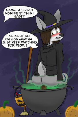 2024 absurd_res anthro ass blush bottomwear breasts broom brown_hair bubble candy candy_bucket cauldron cleaning_tool clenched_teeth clothed clothing costume deer dessert dialogue digital_media_(artwork) embarrassed english_text feces female food fruit fur grey_body grimace hair halloween hat headgear headwear hi_res holidays improvised_toilet looking_back magic_user mammal notmypornaccount offscreen_character panties plant potion pumpkin sage_(notmypornaccount) scat sitting solo speech_bubble tail teeth text toilet_use topwear underwear witch witch_costume witch_hat yellow_eyes