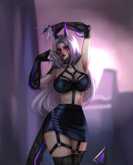 1girls adapted_costume arm_above_head arm_raised black_bra black_skirt bra breasts claws crossover cybernetic cybernetic_arm cybernetic_arms cybernetic_tail cybernetics cyberpunk cyborg cyborg_girl day_of_wrath day_of_wrath_(doom_fanfic) demon demon_girl demon_horns demon_tail demoness evelynn exposed_midriff face_markings facing_viewer female fr04ek glowing glowing_horns goddess halter_top harness harness_bra idol infinitypilot k/da_all_out_evelynn k/da_all_out_series k/da_evelynn k/da_series league_of_legends leather leather_bra leather_harness leather_skirt leather_straps long_hair looking_at_viewer midriff nail_guards original original_character popstar purple_hair raised_arm red_eyeliner red_eyes red_eyeshadow robotic_arm robotic_arms robotic_tail science_fiction shiny shiny_hair short_skirt skirt smile smiling smiling_at_viewer solo solo_female stage stage_lights stage_show standing straps succubus succubus_horns succubus_tail thighs white_hair zeta_(day_of_wrath) zoe_thompson_(day_of_wrath)