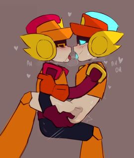 1boy 1girls blue_eyes brawl_stars female flat_chest hat highres incest larry_(brawl_stars) lawrie_(brawl_stars) light-skinned_female light_skin male male/female male_on_female robot robot_boy robot_girl twincest twins yellow_eyes