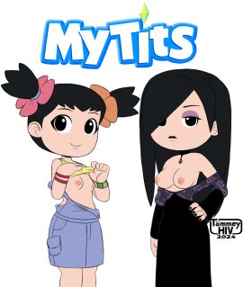 2girls black_dress black_eyes black_lips black_nails breasts breasts_out chibi chibi_style clothes_lift clothes_pull denim dress dress_pull electronic_arts expressionless eyeshadow female flower goth_fashion happy highres inverted_nipples long_hair makeup medium_breasts multiple_females multiple_girls mysims nipples overalls parody partially_unbuttoned pinup_(style) poppy_(mysims) poppy_nightshade shirt_lift short_twintails siblings sideboob sisters skirt small_breasts timoteihiv twintails unamused violet_nightshade wristband