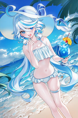 1girls 2d 2d_(artwork) alternate_costume artist_request beach belly_button bikini blue_eyes blue_hair blue_nails breasts clouds day female female_focus female_only front_view furina_(genshin_impact) genshin_impact hat heterochromia high_resolution highres hoyoverse light-skinned_female light_skin long_hair looking_at_viewer navel ocean outdoors palm_tree sand sky slim_female small_breasts smile smiling_at_viewer solo solo_female solo_focus standing summer summer_hat swimsuit thong two-tone_hair two_piece_swimsuit white_bikini white_hair white_swimsuit young younger_female