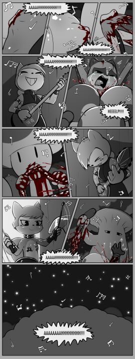 absurd_res anthro bad_end begging_for_mercy black_and_white blood_spray bodily_fluids breasts collar comic cruelty crying death dialogue dismemberment dying e254e ear_piercing eating elemental_creature female fluffy fluffy_tail fungi_fauna fungus gore grimace grin grotesque_death group guitar guts hard_vore hi_res killing kirrel_sisters_(e254e) kora_(e254e) mammal mario_(series) monochrome musical_instrument musical_note night nintendo nipple_tape organs pain pasties piercing playing_guitar playing_music plucked_string_instrument procyonid raccoon rodent ryona sciurid screaming severed_body_part severed_leg severed_limb small_breasts smile spiked_collar spikes squirrel stats string_instrument suffering tail tape tears toad_(mario) tree_squirrel trio