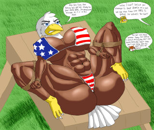 3_toes 5_fingers accipitrid accipitriform angry anthro ass avian avian_feet bald_eagle beak big_breasts bikini bird black_eyebrows blue_eyes bondage breasts camel_toe cameltoe clothed clothing cookingart eagle english_text eyebrows feathers feet female fingers furniture genital_outline grass muscular muscular_anthro muscular_female nipple_outline offscreen_character outside plant pussy pussy_outline rope sea_eagle shaded solo swimwear table tail tail_feathers talons text toes white_talons yellow_beak