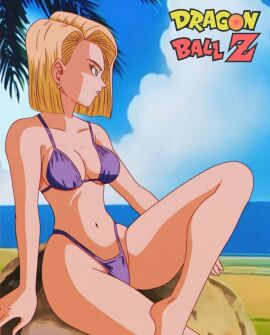 1girls android android_18 android_girl ass beach belly_button bikini blonde-haired_female blonde_female blonde_hair blue-eyed_female blue_eyes blue_sky blue_sky_background breasts cloud clouds cloudy_sky dragon_ball dragon_ball_super dragon_ball_z earring earrings eyelashes female female_focus female_only highres hips jewelry legs light-skinned_female light_skin looking_at_viewer looking_away medium_breasts medium_hair navel ocean ocean_background purple_bikini purple_bikini_bottom purple_bikini_top salvamakoto sand sea sea_background sitting sitting_down sitting_on_rock sky solo solo_female solo_focus swimsuit thighs trees water