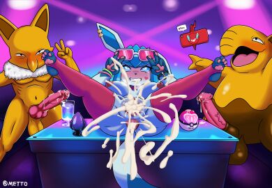 absurd_res anthro blue_body blue_fur eeveelution female fur generation generation_4_pokemon glaceon group hi_res male male/female metto nintendo pokemon pokemon_(species) spread_legs spreading