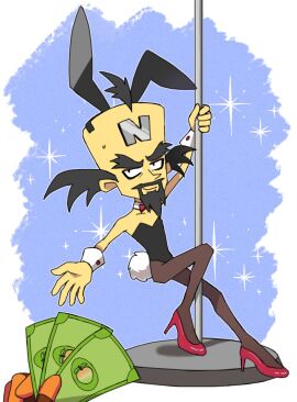 anthro bunny_ears bunnysuit crash_(series) crash_bandicoot crash_mind_over_mutant crash_of_the_titans doctor_neo_cortex fishnets furry furry_male high_heels human_focus interspecies male male_only money offscreen_character pole pole_dancing strip_club sweat usagi_kii wumpa_fruit