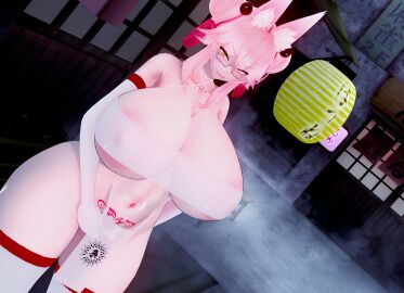 3d areolae arm_warmers arm_wear bandeau barely_clothed embarrassed exhibitionism fate_(series) female koyanskaya_(fate) loincloth looking_at_viewer outside skimpy skimpy_clothes stomach_tattoo thighhighs visible_nipples zangoro