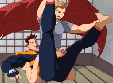 balls bara boner bottomless costume endeavor_(my_hero_academia) enji_todoroki erection feet gay hawks_(my_hero_academia) keigo_takami male male_only muscles muscular my_hero_academia pantsless penis spread_legs vvulfbara yaoi