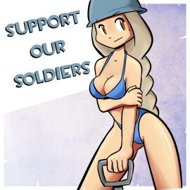 1girls 2d bare_shoulders bikini bikini_bottom bikini_top blue_bikini blue_bikini_bottom blue_bikini_top breasts cleavage english_text female femsoldier headwear helmet jopereira nerf_now rule_63 soldier_(team_fortress_2) solo team_fortress_2 text