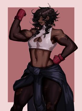 1boy 2d ambush_(trap) axred7 boob_window boxing_gloves brown_hair cleavage_cutout clothed clothed_male color crop_top dark-skinned_femboy dark-skinned_male dark_hair dark_skin femboy femboysub fit fit_femboy fit_male flat_stomach flexing flexing_bicep grin grinning grinning_at_viewer hand_on_hip leggings male male_only muscles muscular muscular_arms muscular_legs muscular_male muscular_thighs non-nude original ripped_clothing ripped_leggings ripped_pants simple_background solo solo_male sweater_around_waist tank_top toned toned_body toned_male toned_stomach