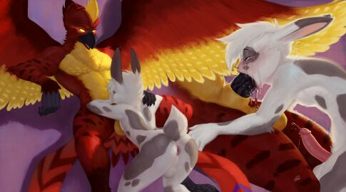 animal_genitalia anthro anthro_on_anthro anthro_penetrated anthro_penetrating anthro_penetrating_anthro anus ass avian backsack balls ballsack beak biped black_beak black_eyebrows black_penis blush bodily_fluids digital_media_(artwork) dripping duo erection eyebrows feathered_wings feathers feet fellatio femboy fur genital_fluids genitals girly glans grey_body grey_feet grey_fur grey_tail hair hi_res humanoid_genitalia humanoid_penis lagomorph leaking_precum leporid male male/male male_penetrated male_penetrating male_penetrating_male mammal markings multicolored_body multicolored_feathers multicolored_fur nude open_mouth oral oral_penetration penetration penile penile_penetration penis penis_in_mouth pink_anus pink_background pink_glans pink_nose pink_penis pink_tongue precum precum_drip precum_in_mouth precum_inside rabbit rajii red_body red_feathers red_tail red_tail_feathers scut_tail sex sheath short_tail simple_background tail tail_feathers tears tongue tongue_out two-tone_body two-tone_fur white_balls white_body white_fur white_hair white_tail wings yellow_balls yellow_body yellow_eyes yellow_feathers yellow_sheath