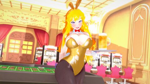 1girls 3d beer big_breasts blonde_female blonde_hair breasts bunny_ears bunny_girl bunnysuit casino casino_card_table casino_table clothed_female female nakadashi_(artist) nipple_slip rwby solo_female yang_xiao_long