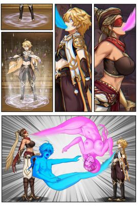 aether_(genshin_impact) big_breasts blindfold blindfolded blonde_hair body_swap body_switch breasts busty cleavage eremite_(genshin_impact) eremite_galehunter_(genshin_impact) female genderswap genderswap_(ftm) genderswap_(mtf) genshin_impact magic male male/female rule_63 soul traveler umbracallistis