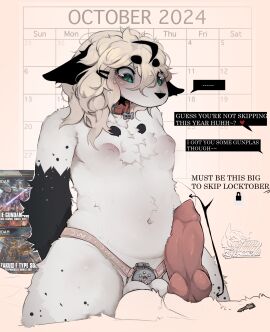 accessory anthro areola balls balls_touching bondage bribery canid canine chastity_belt chastity_cage chastity_cage_only chastity_device chastity_device_only chastity_key chastity_strap collar collar_only collar_tag comparing comparing_penis degradation dialogue ellipsis flat_chastity_cage flat_chested furry futanari genitals gunpla hair_accessory hands_behind_back heart_after_text hi_res humiliation hush_(hushloafs) hushloafs intersex knot knotted_penis leg_markings lock_symbol locktober looking_at_another looking_down mammal markings nipples nude owo penis penis_humiliation penis_size_difference petplay puffy_areola puffy_nipples roleplay size_difference small_penis small_penis_humiliation socks_(marking) speech_box tilde_after_text trans_woman transfem