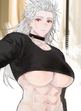 1girls abs breasts choker crop_top dorohedoro ear_piercing earrings female hi_res large_breasts long_hair looking_at_viewer navel noi_(dorohedoro) ongjolpark red_eyes solo underboob white_hair