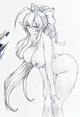 armpit_crease art_tools_in_frame ass blazblue bow breasts censored censored_nipples closed_mouth commentary_request completely_nude female graphite_(medium) greyscale hair_between_eyes hairbow highres large_bow large_breasts leaning_forward long_hair looking_at_viewer mai_natsume monochrome mosaic_censoring nude seishun_dendeke smile solo traditional_media very_long_hair