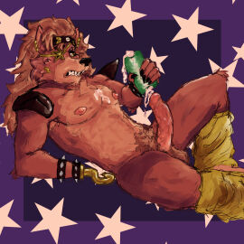 absurd_res anthro balls bodily_fluids canid canine cum erection eye_patch eyewear fanmade_glamrock_foxy_(fnaf) five_nights_at_freddy's fox foxy_(fnaf) genital_fluids genitals glamrock_foxy_(fnaf) hi_res humanoid_genitalia humanoid_penis male male_only mammal penetrable_sex_toy penis radiumraccoon scottgames sex_toy solo tagme