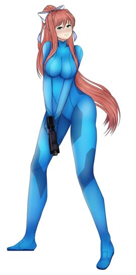 1girls blue_suit cosplay crossover doki_doki_literature_club female genkun halloween halloween_costume monika_(doki_doki_literature_club) samus_aran_(cosplay) solo