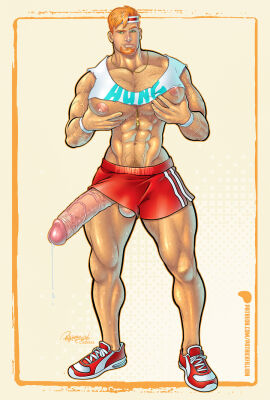 chest chest_grab chest_grope cock cock_under_clothes cock_under_shorts felix_himner ginger_hair male muscular muscular_chest muscular_male naked_justice_(class_comics) patrick_fillion penis red_shoes red_shorts shorts tank_top tank_top_lift