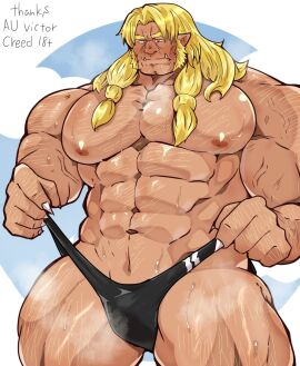 balls bara blush body_hair bulge facial_hair flaccid kaeru333938123 male male_only marvel marvel_comics moobs muscles muscular musk penis sabretooth solo solo_male sweat sweating thong victor_creed x-men yaoi