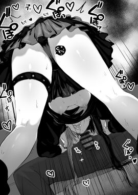 1boy absurdres bar_censor bent_over breasts censored clothes_lift ear_piercing fellatio female greyscale heart_pendant highres male medium_breasts miniskirt monochrome nipples oral original panties penis piercing piratescat01 pleated_skirt shirt_lift skirt straight underwear